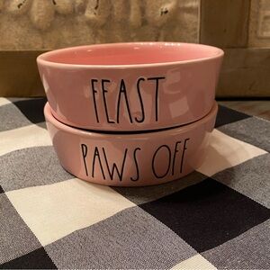 Rae Dunn pink FEAST & PAWS OFF Pet Bowls - Brand New never used  🐾